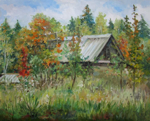 Осень в деревне, солнечный день, живопись маслом — стоковое фото
