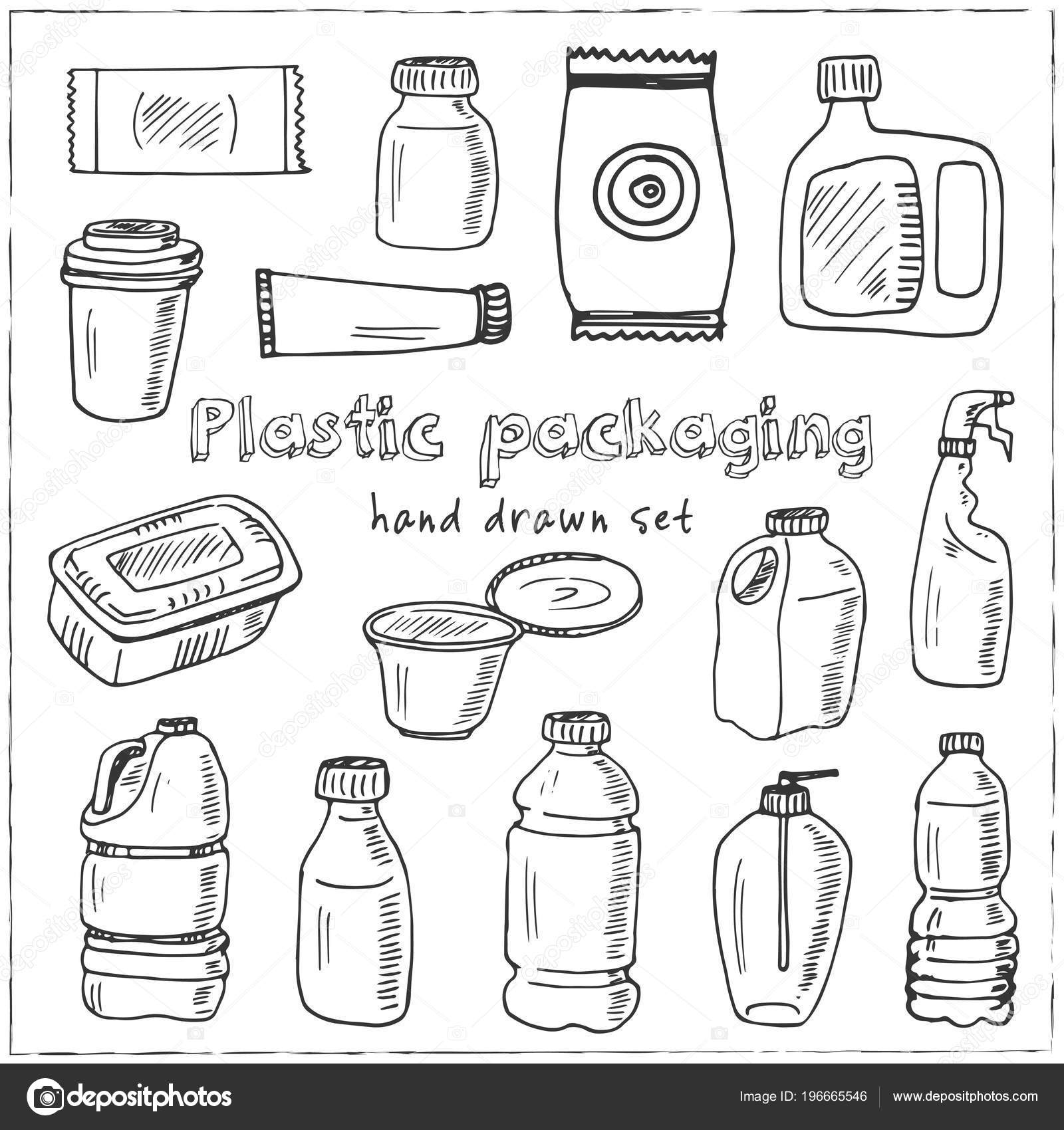 Plastic packaging hand drawn doodle set. Sketches. Vector illustration
