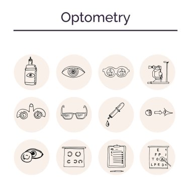 Optometri çizilmiş doodle seti ver. Çizimler. Vektör çizim tasarım ve paketleri bir ürün için. Sembol koleksiyonu. Beyaz arka plan üzerinde izole öğeleri.