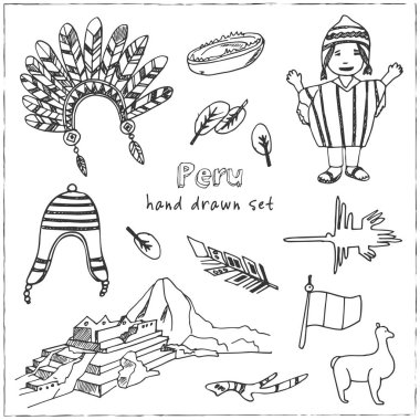 Peru elle çizilmiş doodle küme. Çizimler. Vektör çizim tasarım ve paketleri bir ürün için. Sembol koleksiyonu. Beyaz arka plan üzerinde izole öğeleri.
