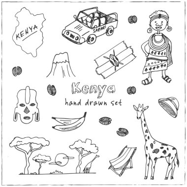 Kenya elle çizilmiş doodle küme. Çizimler. Vektör çizim tasarım ve paketleri bir ürün için. Sembol koleksiyonu. Beyaz arka plan üzerinde izole öğeleri.