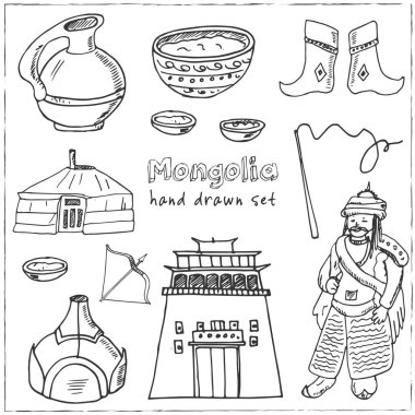 Moğolistan elle çizilmiş doodle küme. Çizimler. Vektör çizim tasarım ve paketleri bir ürün için. Sembol koleksiyonu. Beyaz arka plan üzerinde izole öğeleri.