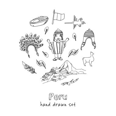 Peru elle çizilmiş doodle küme. Çizimler. Vektör çizim tasarım ve paketleri bir ürün için. Sembol koleksiyonu. Beyaz arka plan üzerinde izole öğeleri.