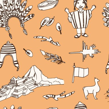 Peru elle çizilmiş doodle seamless modeli. Çizimler. Vektör çizim tasarım ve paketleri bir ürün için.