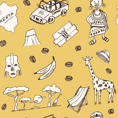 Kenya elle çizilmiş doodle seamless modeli. Çizimler. Vektör çizim tasarım ve paketleri bir ürün için.