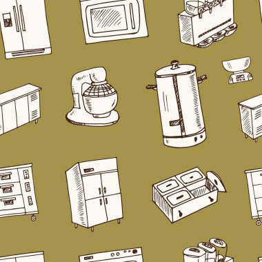 Restoran Ekipmanları elle çizilmiş doodle seamless modeli. Çizimler. Vektör çizim tasarım ve paketleri bir ürün için.