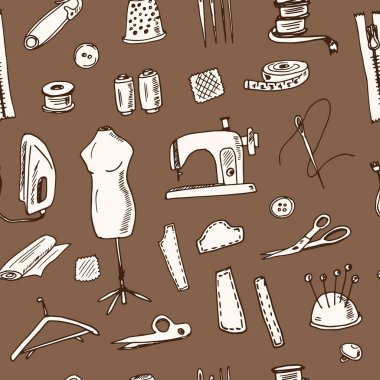 Giyim onarım elle çizilmiş doodle seamless modeli. Çizimler. Vektör çizim tasarım ve paketleri bir ürün için.