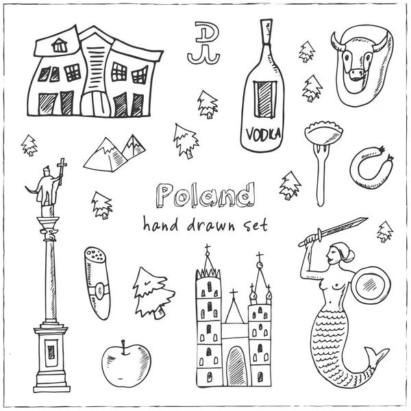 Πολωνία χέρι doodle που. Σκίτσα. Εικονογράφηση φορέα για το σχεδιασμό και τα πακέτα προϊόντων. Σύμβολο συλλογή. Απομονωμένα στοιχεία σε άσπρο φόντο. — Διανυσματικό Αρχείο