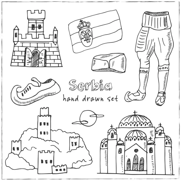 Sırbistan elle çizilmiş doodle küme. Çizimler. Vektör çizim tasarım ve paketleri bir ürün için. Sembol koleksiyonu. Beyaz arka plan üzerinde izole öğeleri. — Stok Vektör