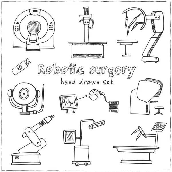Robotic kirurgi handritad doodle set. Skisser. Vektorillustration för design och paket produkt. Symbolen samling. Isolerade element på vit bakgrund. — Stock vektor