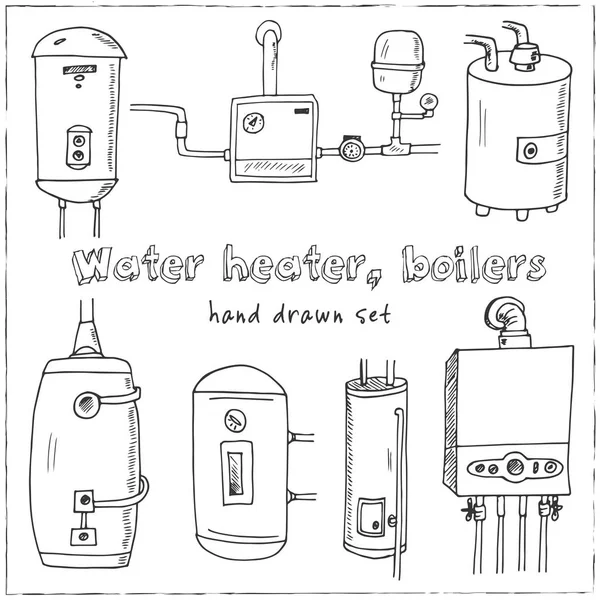 Water heater, boilers hand drawn doodle set. Sketches. Vector illustration for design and packages product. Symbol collection. Isolated elements on white background. — Stock Vector