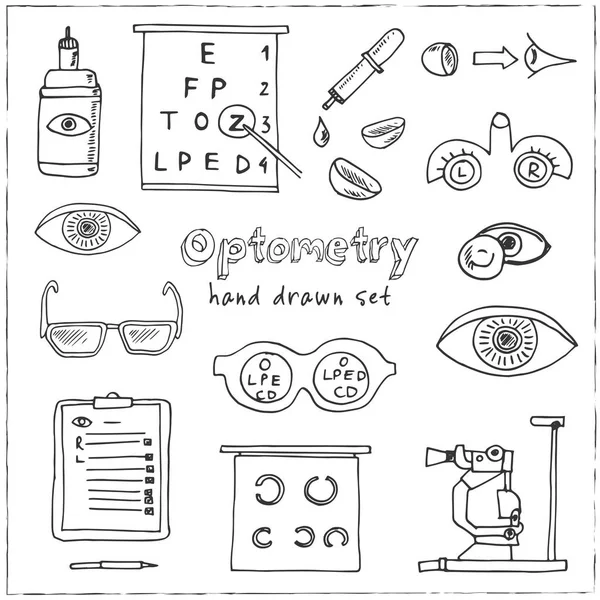 Optometrie handgezeichnetes Doodle-Set. Skizzen. Vektor-Illustration für Design und Verpackungen Produkt. Symbolsammlung. isolierte Elemente auf weißem Hintergrund. — Stockvektor