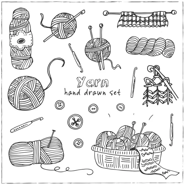 Yarn hand drawn doodle set. Sketches. Vector illustration for design and packages product. Symbol collection. Isolated elements on white background. — Stock Vector