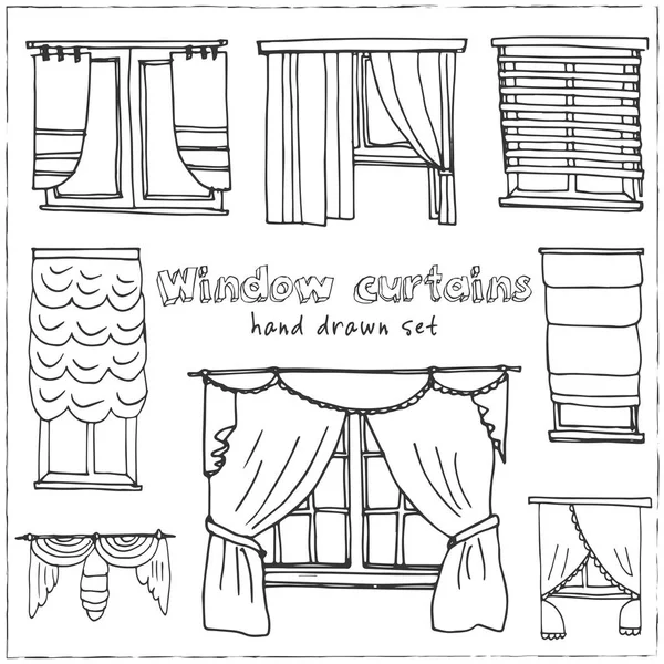 Cortinas de ventana mano dibujado doodle conjunto. Bocetos. Ilustración vectorial para productos de diseño y envases. Colección de símbolos. Elementos aislados sobre fondo blanco . — Vector de stock