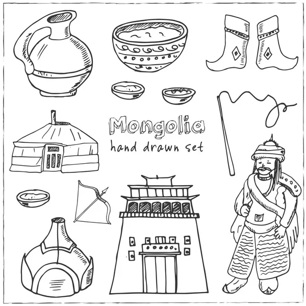 Mongolia hand drawn doodle set. Sketches. Vector illustration for design and packages product. Symbol collection. Isolated elements on white background. — Stock Vector