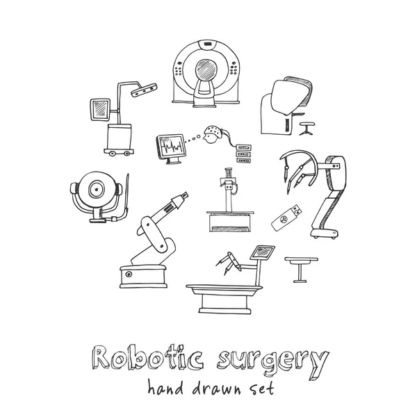 Robotic kirurgi handritad doodle set. Skisser. Vektorillustration för design och paket produkt. Symbolen samling. Isolerade element på vit bakgrund. — Stock vektor