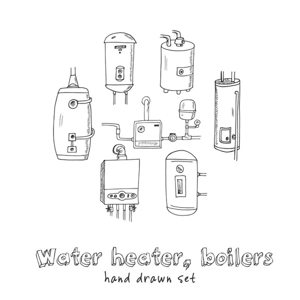 Varmvattenberedare, pannor handritad doodle set. Skisser. Vektorillustration för design och paket produkt. Symbolen samling. Isolerade element på vit bakgrund. — Stock vektor