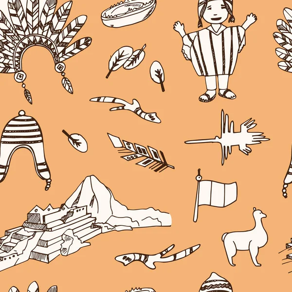 Perú dibujado a mano garabato patrón sin costura. Bocetos. Ilustración vectorial para productos de diseño y embalaje . — Vector de stock