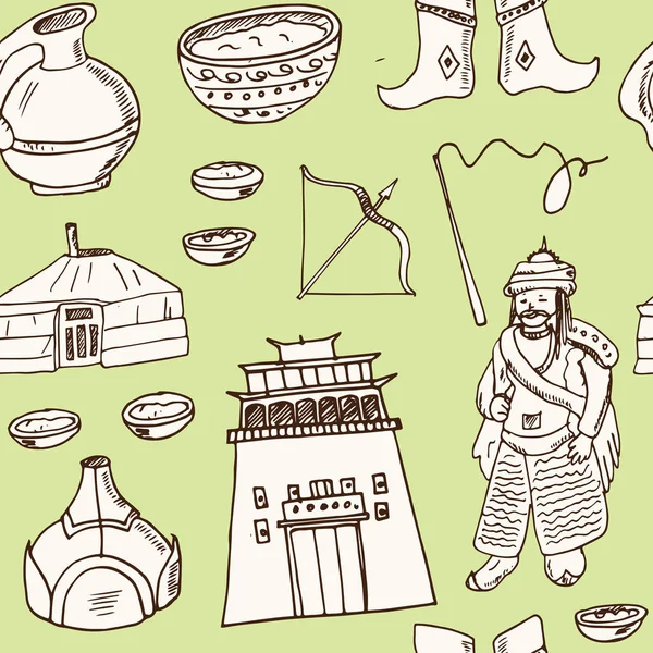 Mongólia mão desenhado doodle padrão sem costura. Esboços. Ilustração vetorial para produtos de design e embalagens . —  Vetores de Stock