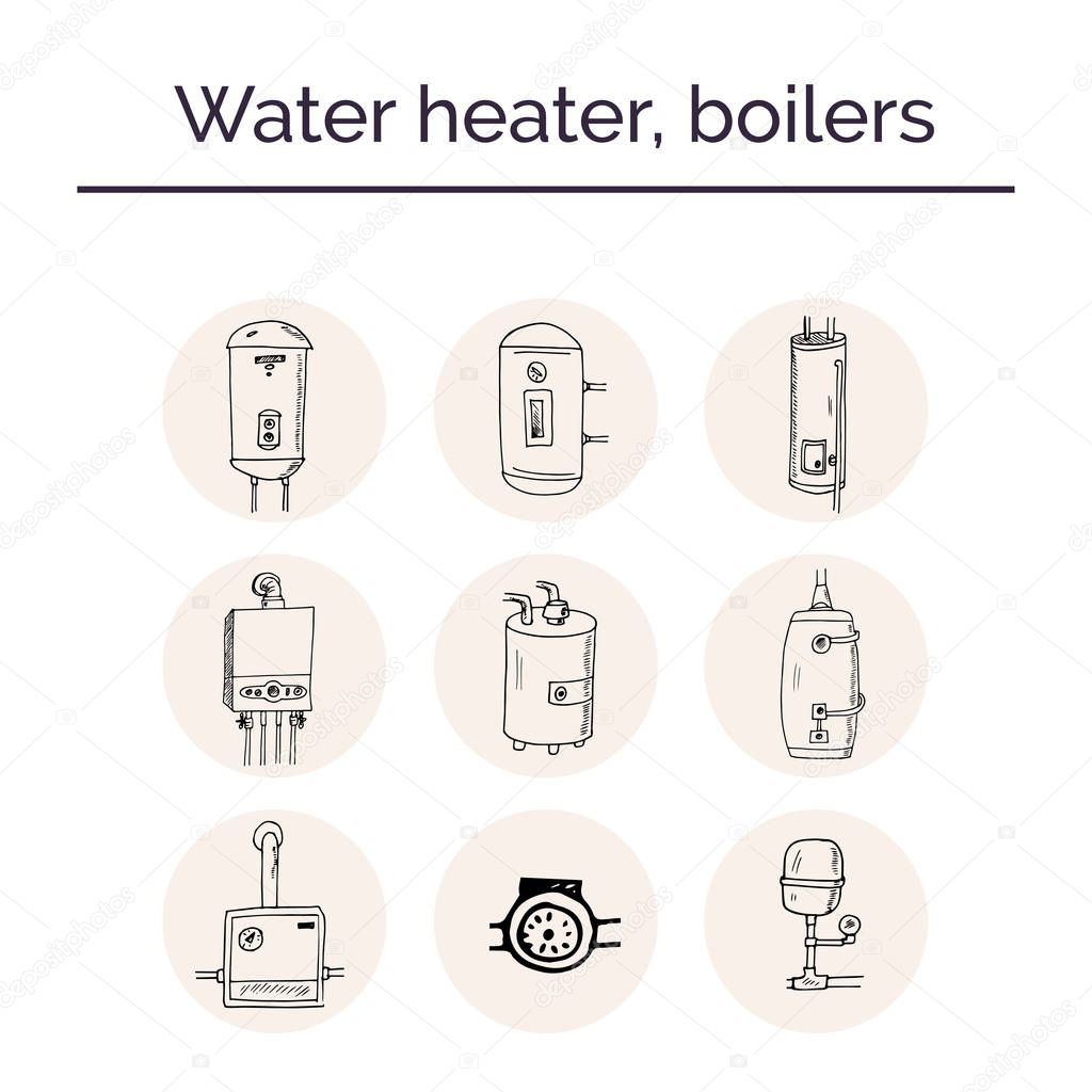 Water heater, boilers hand drawn doodle set. Sketches. Vector illustration for design and packages product. Symbol collection. Isolated elements on white background.