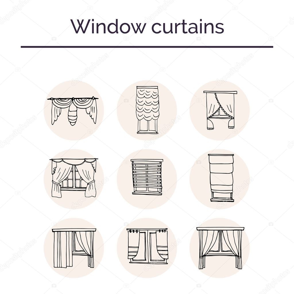 Window curtains hand drawn doodle set. Sketches. Vector illustration for design and packages product. Symbol collection. Isolated elements on white background.