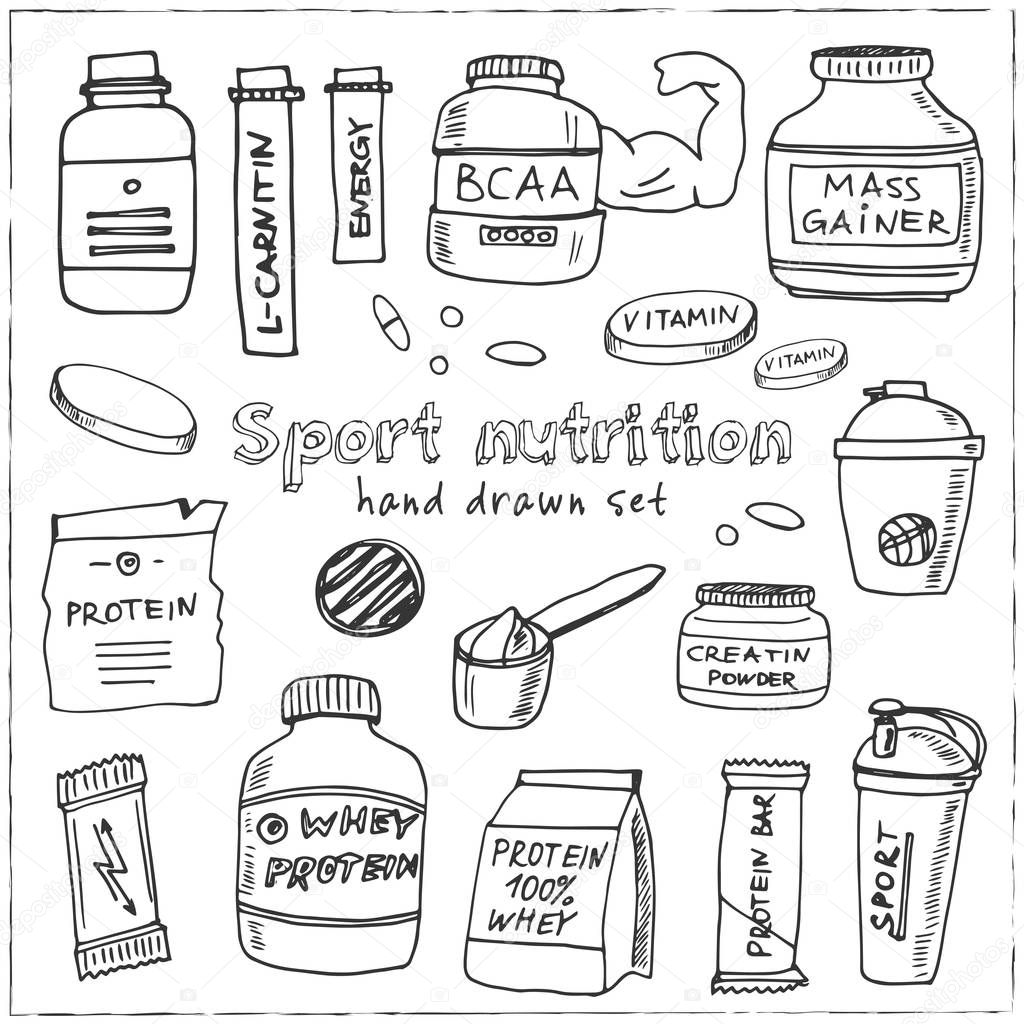 Sport nutrition hand drawn doodle set. Sketches. Vector illustration for design and packages product. Symbol collection.