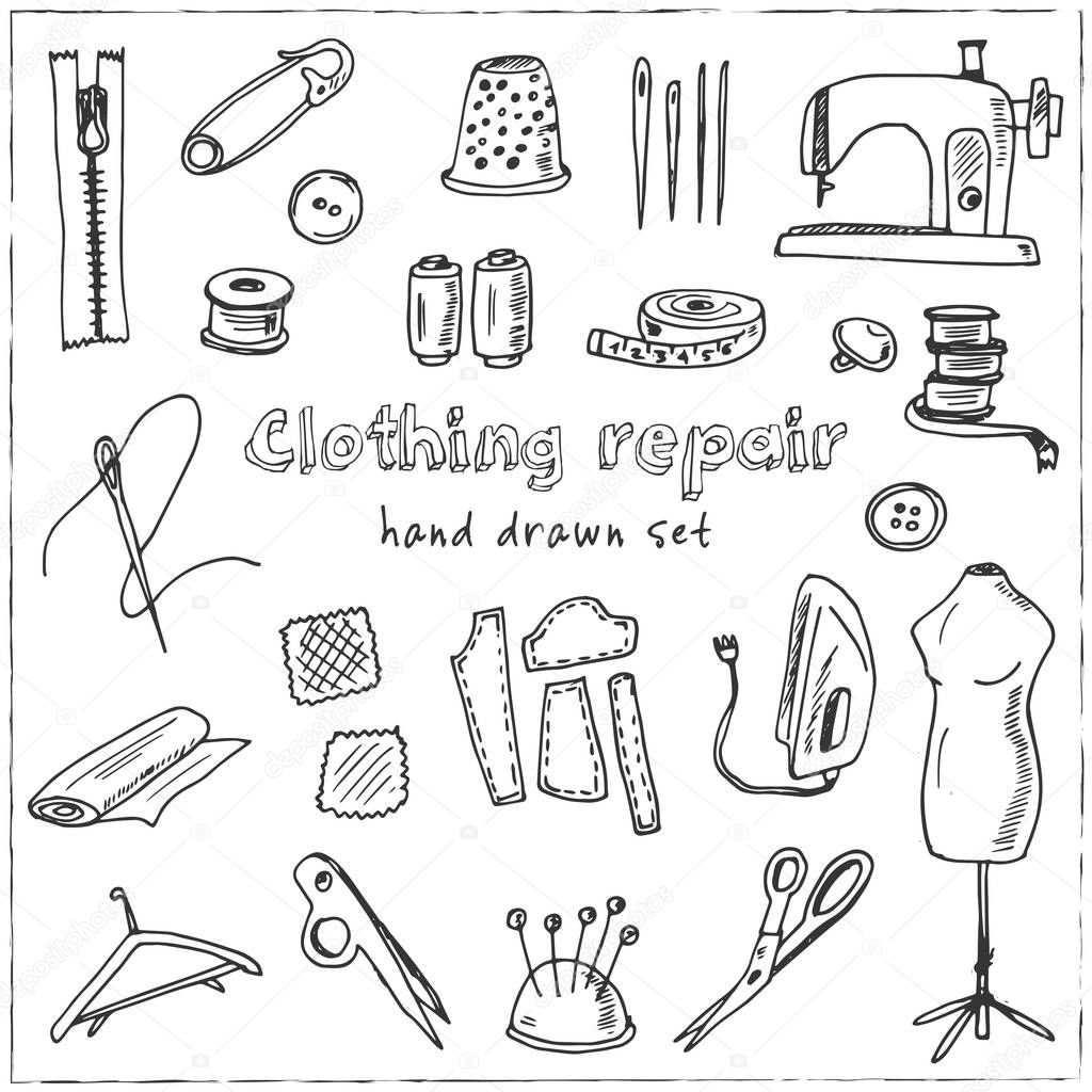 Clothing repair hand drawn doodle set. Sketches. Vector illustration for design and packages product. Symbol collection. Isolated elements on white background.