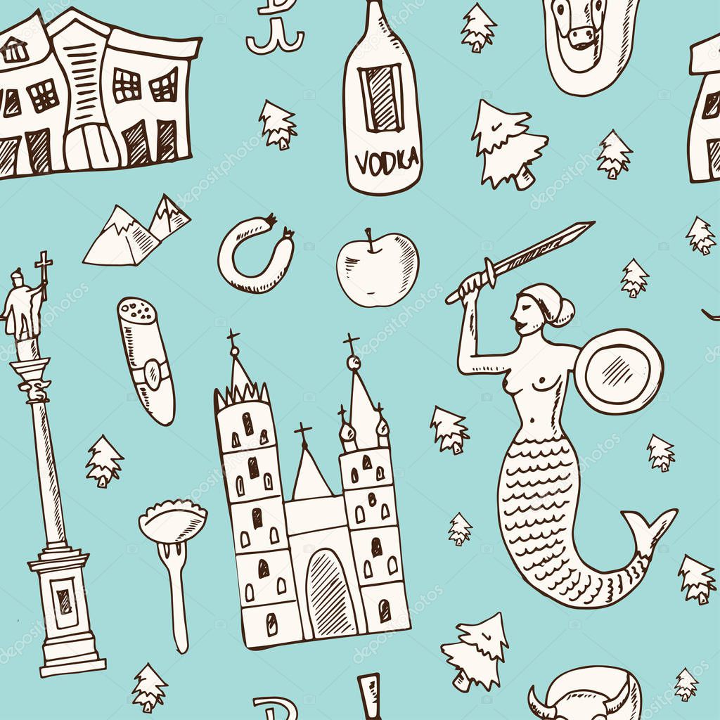 Poland hand drawn doodle seamless pattern. Sketches. Vector illustration for design and packages product.