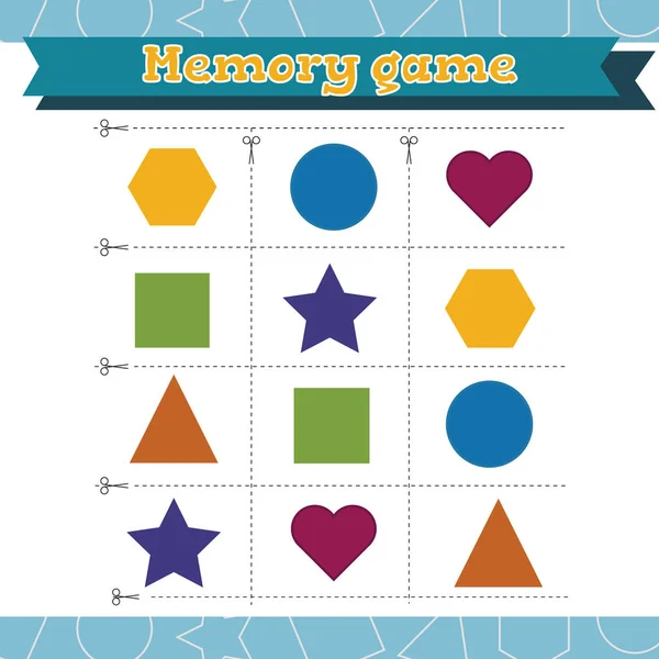 Παιχνίδι μνήμης για παιδιά προσχολικής ηλικίας. Μάθετε σχήματα και γεωμετρικά σχήματα. Νηπιαγωγείο ή νηπιαγωγείο φύλλο εργασίας. Εικονογράφηση διάνυσμα — Διανυσματικό Αρχείο