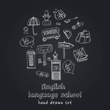 İngilizce dil okulu el çizilmiş doodle seti. Vektör illüstrasyon. Yalıtılmış elemanlar. Sembol koleksiyonu.
