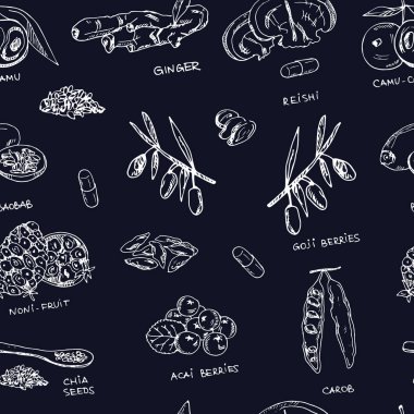 El çizilmiş doodle süper gıda. Vektör illüstrasyon. Sembol koleksiyonunda yalıtılmış öğeler.