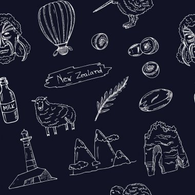 Yeni Zelanda el çizilmiş doodle seti. Vektör illüstrasyon. Yalıtılmış elemanlar. Sembol koleksiyonu.