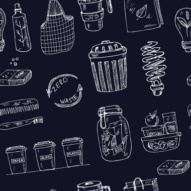 Vektör Sıfır Atık logo tasarım şablonu seti. Elle çizilmiş karalama seti. Vektör illüstrasyon. Yalıtılmış elemanlar. Sembol koleksiyonu.