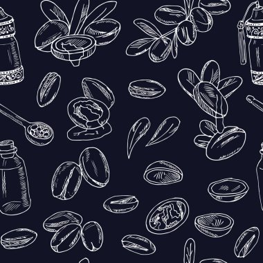 Vektör Argan, meyve ve uygulama ayarlayın. Argan yağı el çizilmiş doodle seti. Vektör illüstrasyon. Yalıtılmış elemanlar. Sembol koleksiyonu.