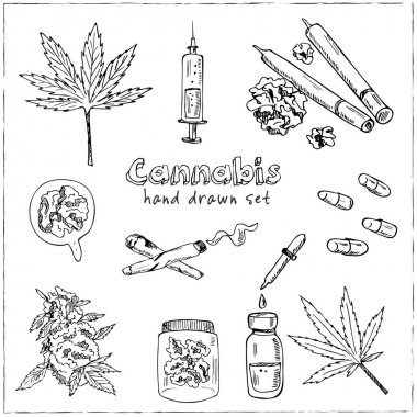 Cannabidiol simgesi ayarlayın. Cbd, Esrar, tedavi, esrar, tütün ve daha fazlası gibi simgeler dahil. Elle çizilmiş karalama seti. Vektör illüstrasyon. Yalıtılmış elemanlar. Sembol koleksiyonu.