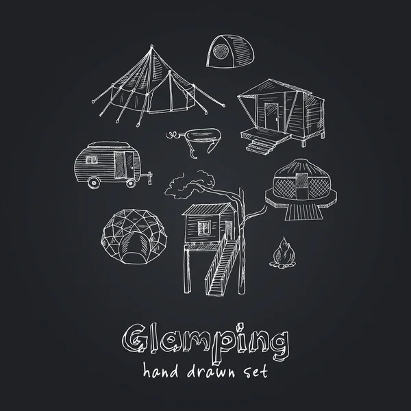 Glamping hand getekende doodle set. Vector illustratie. Geïsoleerde elementen. Symbol, collectie. — Stockvector