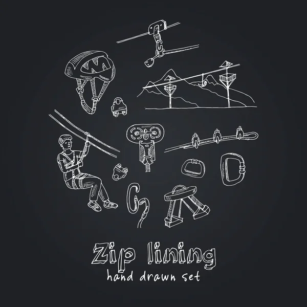 Zip Line hand getrokken doodle set. Vector illustratie. Geïsoleerde elementen. Symbol, collectie. — Stockvector