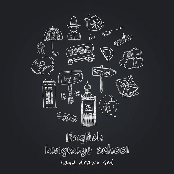 English language school hand drawn doodle set. Vector illustration. Isolated elements. Symbol collection.