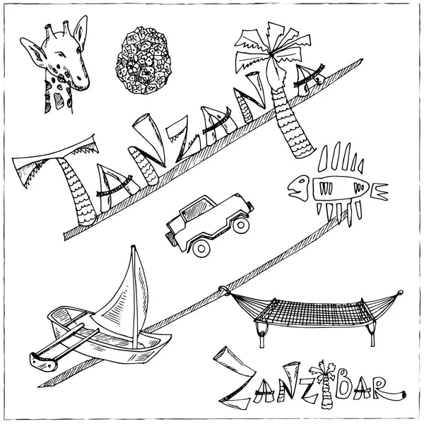 Tanzania doodle disegnata a mano. Illustrazione vettoriale. Elementi isolati Collezione di simboli . — Vettoriale Stock