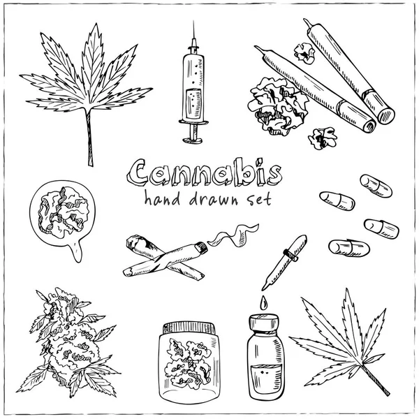 Cannabidiol Ikonuppsättning. Inkluderade ikoner som CBD, cannabis, behandling, ogräs, tobak och mer. Handritad Doodle-uppsättning. Vektor illustration. Isolerade element. Symbol samling. — Stock vektor