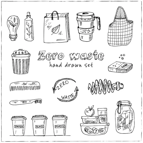 Vector Zero Waste logo design template set. Hand drawn doodle set. Vector illustration. Isolated elements. Symbol collection. — Stock Vector