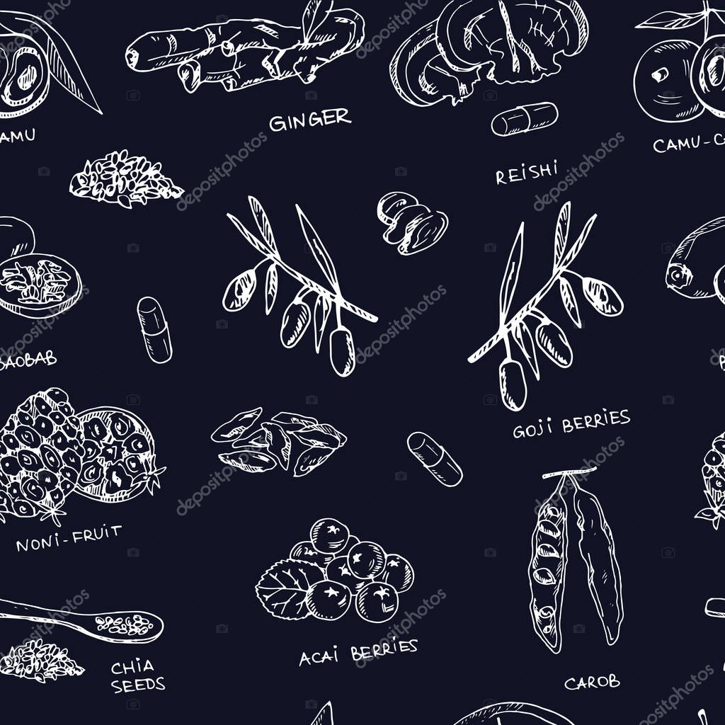 Hand drawn doodle super food. Vector illustration. Seamless pattern on chalkboard background. Symbol collection.