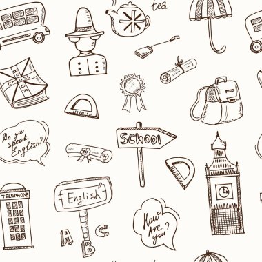 İngilizce dil okulu el çizilmiş doodle sorunsuz desen. Vektör illüstrasyon. Yalıtılmış elemanlar. Sembol koleksiyonu.
