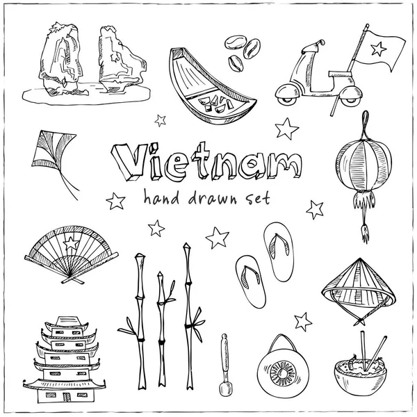 Vietnam mano disegnato doodle set. Illustrazione vettoriale. Elementi isolati. Collezione di simboli . — Vettoriale Stock