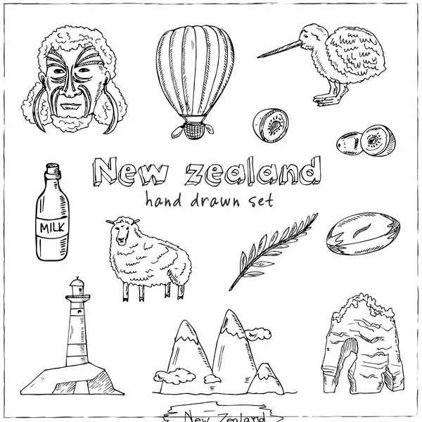 Nueva Zelanda dibujado a mano doodle conjunto. Ilustración vectorial. Elementos aislados. Colección de símbolos . — Vector de stock