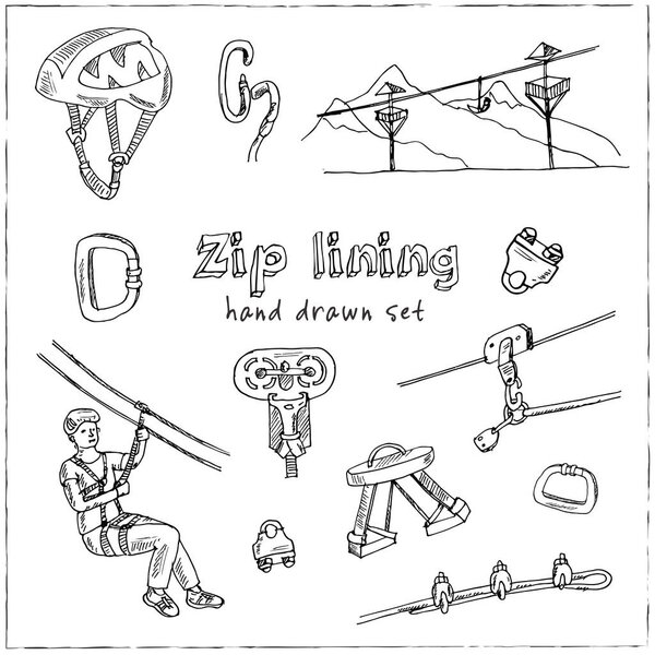 Zip line hand drawn doodle set. Vector illustration. Isolated elements. Symbol collection.
