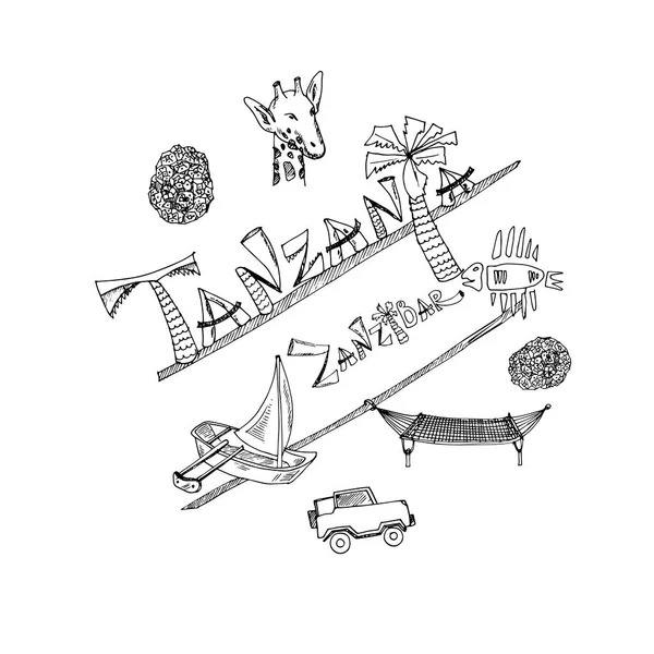 Handgezeichnetes Doodle Tansania. Vektorillustration. Symbolsammlung isolierter Elemente. — Stockvektor