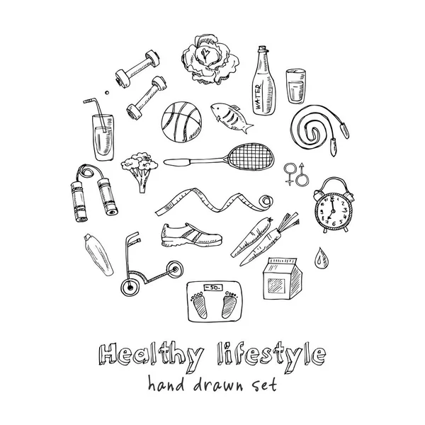 Sağlıklı yaşam tarzı el çizilmiş doodle seti. Vektör illüstrasyon. Yalıtılmış elemanlar. Sembol koleksiyonu.