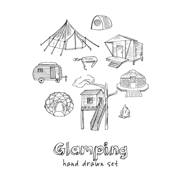 Glamping el çizilmiş doodle seti. Vektör illüstrasyon. Yalıtılmış elemanlar. Sembol koleksiyonu. — Stok Vektör