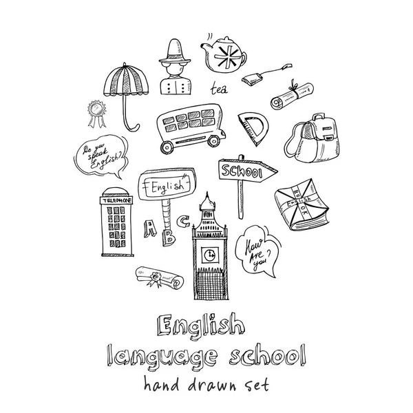 Engelskspråkig skola handritad Doodle set. Vektor illustration. Isolerade element. Symbol samling. — Stock vektor